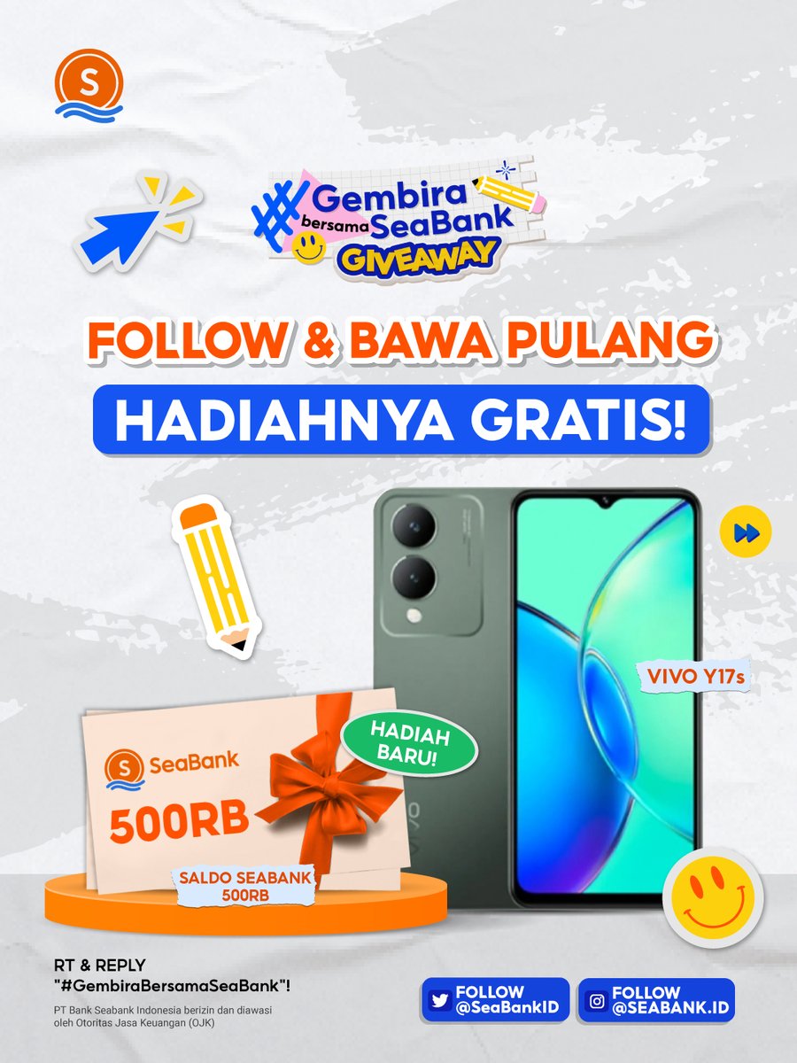SeaBankID's tweet image. 💥HADIAH BARU: VIVO Y17S + SALDO SEABANK 500RB💥

Yuk ikuti langkah berikut:
1. FOLLOW Twitter @SEABANKID &amp;amp; IG @SEABANK.ID
2. LIKE &amp;amp; RT Tweet ini
3. REPLY "#GembiraBersamaSeaBank" minimal 10x &amp;amp; username IG mu
4. TAG TEMAN KAMU

Selengkapnya cek di slide 2 🥳