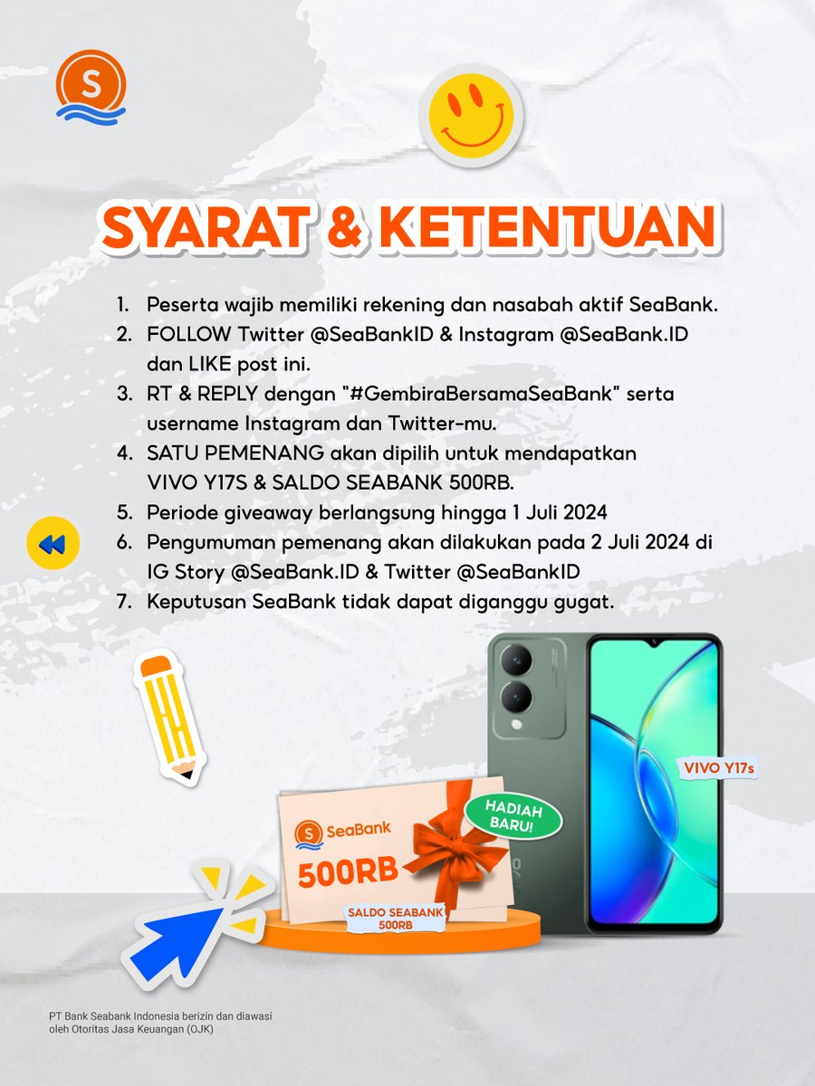 SeaBankID's tweet image. 💥HADIAH BARU: VIVO Y17S + SALDO SEABANK 500RB💥

Yuk ikuti langkah berikut:
1. FOLLOW Twitter @SEABANKID &amp;amp; IG @SEABANK.ID
2. LIKE &amp;amp; RT Tweet ini
3. REPLY "#GembiraBersamaSeaBank" minimal 10x &amp;amp; username IG mu
4. TAG TEMAN KAMU

Selengkapnya cek di slide 2 🥳