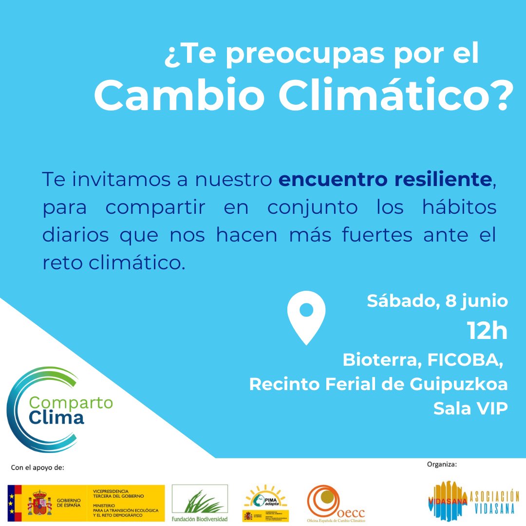 Asociación Vida Sana (@vidasana_avs) on Twitter photo ENCUENTRO RESILIENTE
Comparte tus trucos para adaptarte al CAMBIO CLIMÁTICO🌪️
🗓️Sábado 8 de junio de 12 a 13:30 horas.
📍habitación VIP
Bioterra, FICOBA.
<a href="/FBiodiversidad/">Fundación Biodiversidad</a>
#proyectosFB #compartoclima ENCUENTRO RESILIENTE
Comparte tus trucos para adaptarte al CAMBIO CLIMÁTICO🌪️
🗓️Sábado 8 de junio de 12 a 13:30 horas.
📍habitación VIP
Bioterra, FICOBA.
<a href="/FBiodiversidad/">Fundación Biodiversidad</a>
#proyectosFB #compartoclima