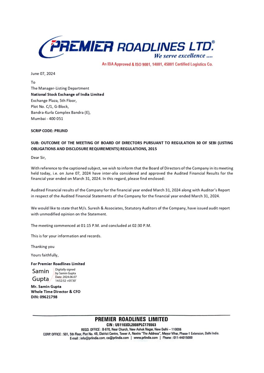 nileshkurhade's tweet image. 📌 Premier Roadlines Ltd informed the exchange about the approval of Audited Financial Results for the financial year ended March 31, 2024.  #SME #PRLIND 💼📊