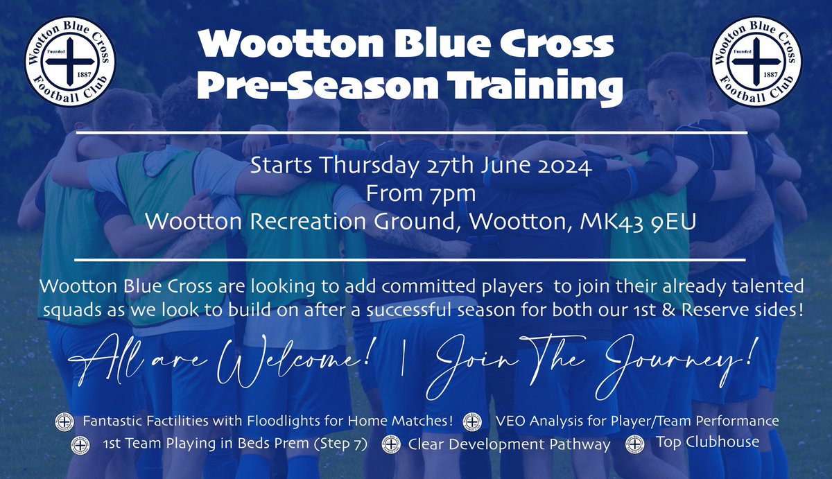 BlueWoottonMens's tweet photo. 🚨| 𝙎𝘼𝙑𝙀 𝙏𝙃𝙀 𝘿𝘼𝙏𝙀!.. | 🚨

Looking for a new challenge?.. 👀

We’re looking for additional &amp; committed players to join our talented squads!

📆| Thurs 27th June
⚽️| 7pm Start - MK43 9EU

All are welcome to 𝑷𝒓𝒆𝒔𝒆𝒂𝒔𝒐𝒏!… #JoinTheJourney
 
🔵✖️ https://t.co/HcSb8bxHkG