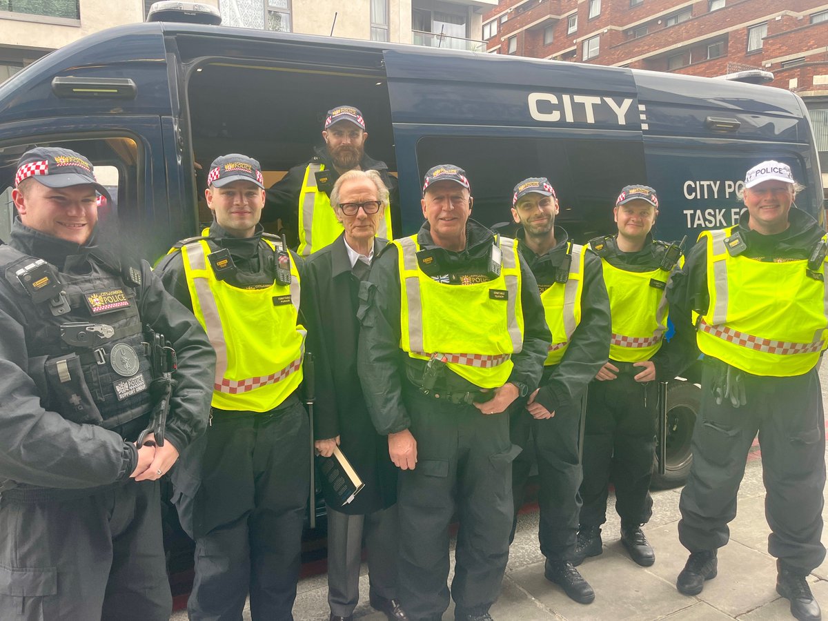 CityPolice's tweet photo. Can you spot the Chief Inspector?

Bill Nighy, who played a police chief in Hot Fuzz said hello to our officers recently and we grabbed a snap. https://t.co/tYD4MdRuPu