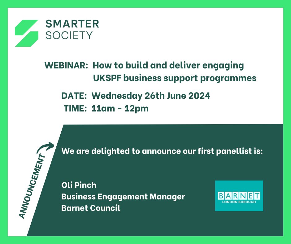 Smarter Society (@smartersoc) on Twitter photo Delighted to announce Oli Pinch, <a href="/BarnetCouncil/">Barnet Council</a> as a panellist for our free webinar. All ED teams invited to book your place here: zurl.co/TzDA #grants #businesssupport #smartersociety #funding #economicdevelopment Delighted to announce Oli Pinch, <a href="/BarnetCouncil/">Barnet Council</a> as a panellist for our free webinar. All ED teams invited to book your place here: zurl.co/TzDA #grants #businesssupport #smartersociety #funding #economicdevelopment