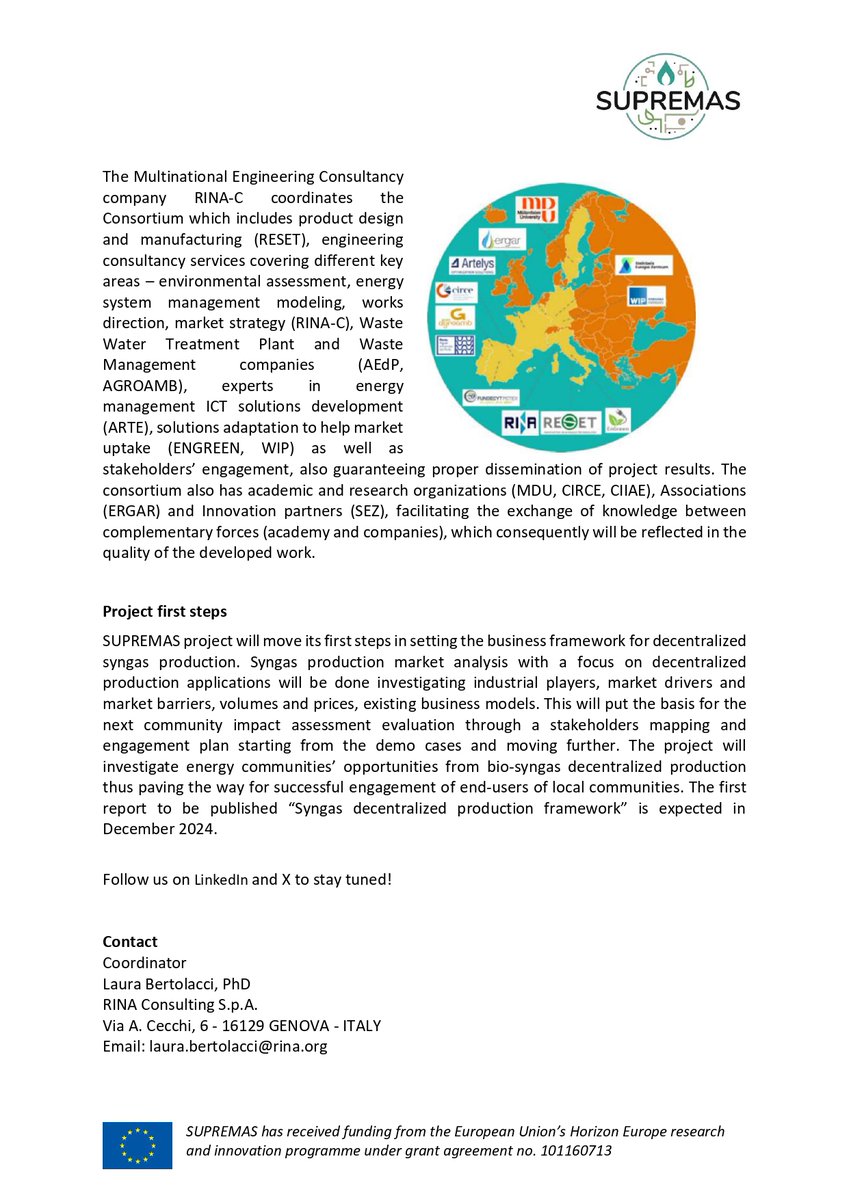 supremas_eu's tweet photo. 💥The EU funded SUPREMAS project has officially started in May 2024 ♻ SUPREMAS will develop cost-effective modular and movable bio-syngas production units particularly suitable to treat sewage sludge, digestate and the organic fraction of municipal solid waste ✳ Stay tuned 😉 https://t.co/BNK6NweIIv