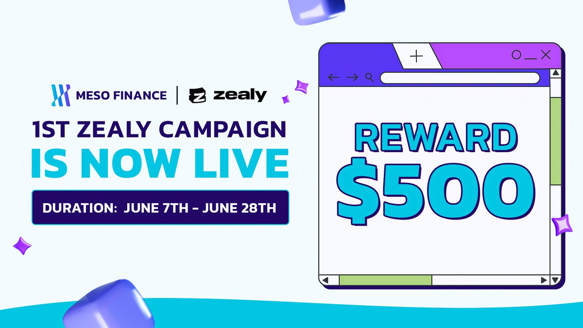 🎊Meso Finance Zealy Sprint #1 STARTS NOW!

Join us for a chance to earn amazing rewards, exclusive perks, and be part of our growing community!

💎Reward: $500 USDT ($10/each for top 50 winners)
⏰Duration: June 7th - June 28th
🌍Open to all our amazing members (yes, YOU!)

Get