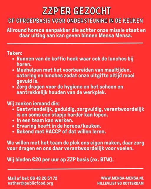 ZZP'er gezocht op oproepbasis voor ondersteuning in de keuken 🌟👨‍🍳

Er wordt gezocht naar een allround horeca aanpakker die achter onze missie staat en daar uiting aan kan geven binnen Mensa Mensa...

Lees meer via  👉  tinyurl.com/3df736m7

#TeamHillesluis