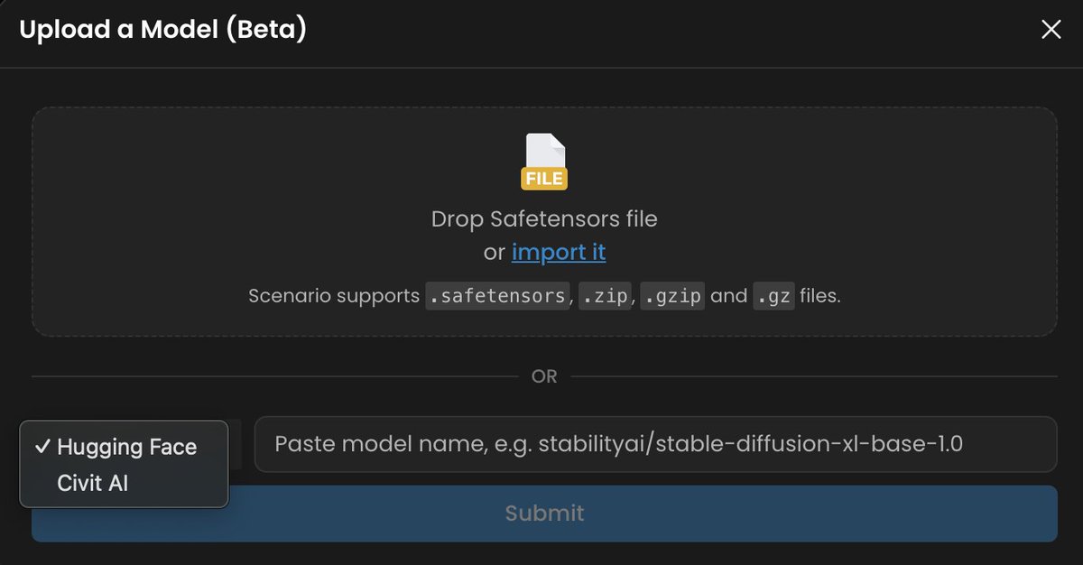 emmanuel_2m's tweet photo. 💥 Boom! 💥

You can now seamlessly import any model* from HuggingFace or CivitAi... directly into #Scenario.

Simply paste the model's name... and that's it 🚀

Enjoy our extensive toolset including merging models, advanced reference images, upscaling, canvas, and much more. https://t.co/GMLqrVTlQh