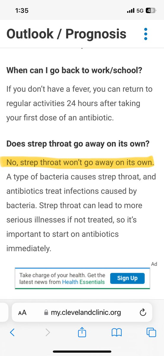 drgcallaghan's tweet photo. @ClevelandClinic I wonder if you could review your information page on strep throat as I believe it is factually incorrect. Strep throat does get better without treatment. Thanks! https://t.co/ayJylXrLkz