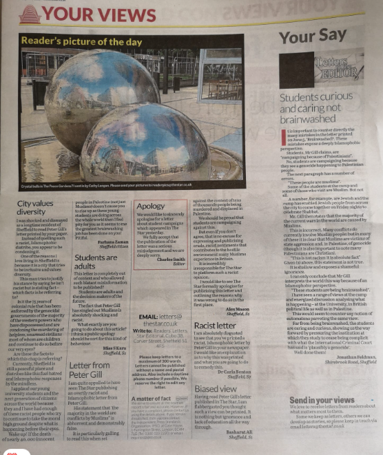 cfmmuk's tweet photo. Amazing response by readers to an issue we and others highlighted yesterday, after the publishing of a racist anti-Muslim letter in the @SheffieldStar 

Good to see an apology from the editor as well as the widespread disgust at the publishing of such a blatant racism https://t.co/ucvYgUGBGx