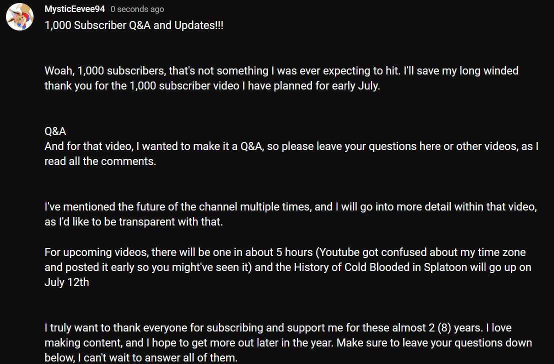 Wow, 1,000 subscribers. I truly want to say thank you to everyone. Please leave any questions if you have any, as I plan to have a Q&amp;A go up in early July. Can't wait to answer your questions.