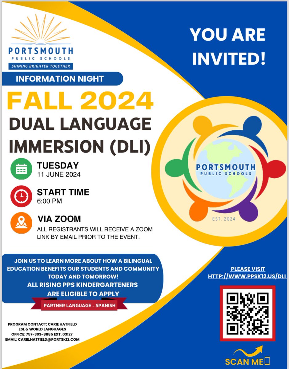 Mr. Shawn L. Millaci (@slmillaci) on Twitter photo Our Dual Language Immersion program (Spanish) begins next year! Open to all <a href="/PortsVASchools/">Portsmouth Schools</a> rising Kindergartners. Now accepting applications. Families can register for our info session to learn more. #PPSDLI
Visit our DLI site for more info more info: ppsk12.us/cms/One.aspx?p… Our Dual Language Immersion program (Spanish) begins next year! Open to all <a href="/PortsVASchools/">Portsmouth Schools</a> rising Kindergartners. Now accepting applications. Families can register for our info session to learn more. #PPSDLI
Visit our DLI site for more info more info: ppsk12.us/cms/One.aspx?p…