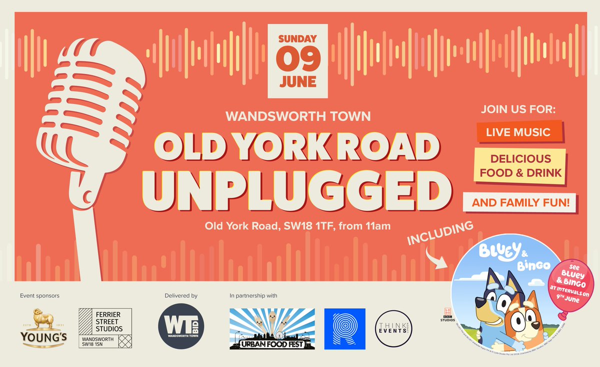 The popular Old York Road Unplugged from <a href="/WandsworthTown/">Wandsworth Town BID</a> returns this Sunday, June 9 from 11am.

Enjoy a whole day of live music, street food, stalls and a visit from Bluey and Bingo. 
wandsworth.town/old-york-road-…