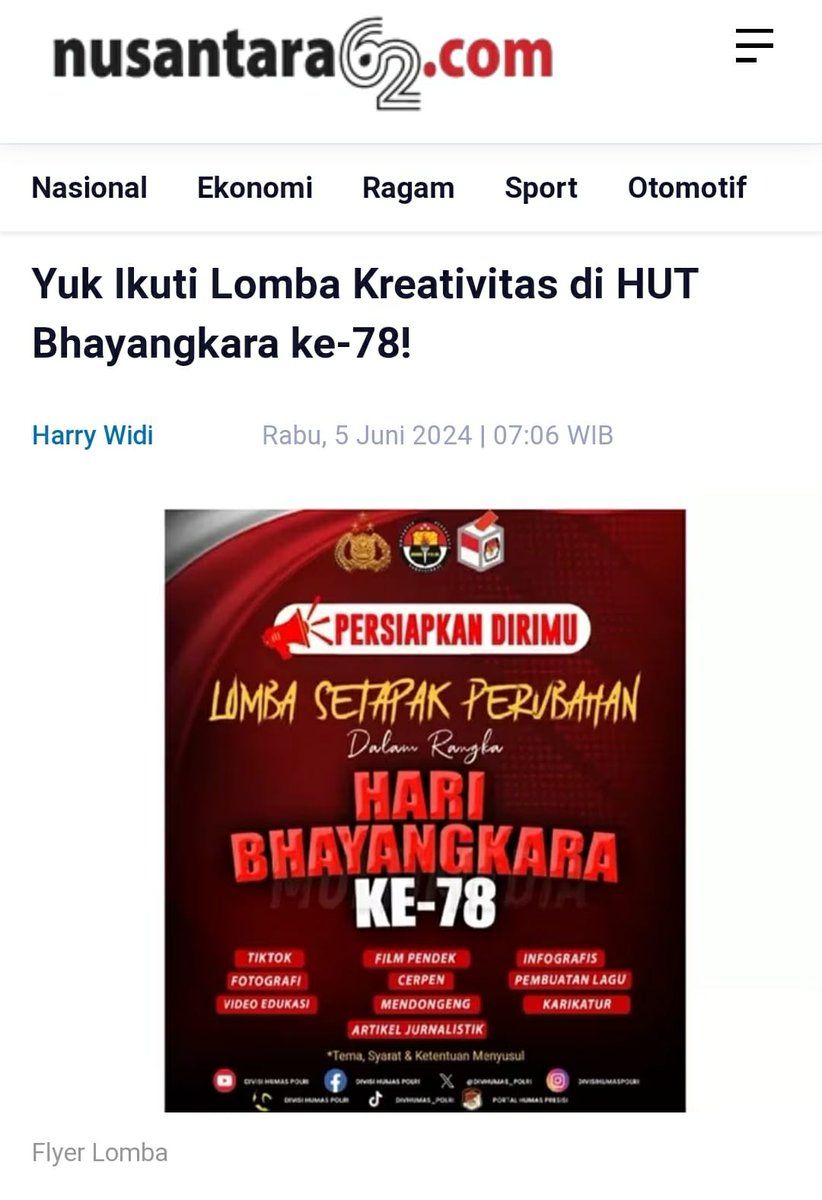 x_yulee's tweet photo. dalam rangka memperingati hut bhayangkara ke-78th polri mengadakan berbagai macam perlombaan dan kompetisi! oh iya #LombaBhayangkara78 ini selain bisa diikuti oleh anggota polri juga Terbuka Untuk Publik lho!! jadi tunggu apalagi ayo ikutan guys 👍 https://t.co/77TEoTv2At
