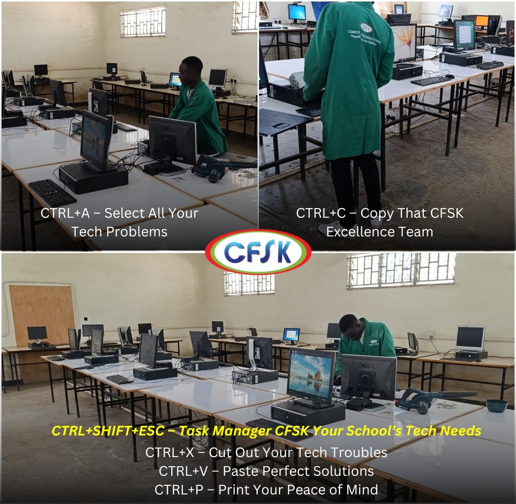 Task CFSK for Your School’s Tech Needs.
Reach us via call, SMS, Whatsapp at 0720350930 or email cfsk@cfsk.org. 

#CFSK #ITSupport #Schools #CompehensiveMainteinance #ComputersForSchools  #ComputerMainteinance