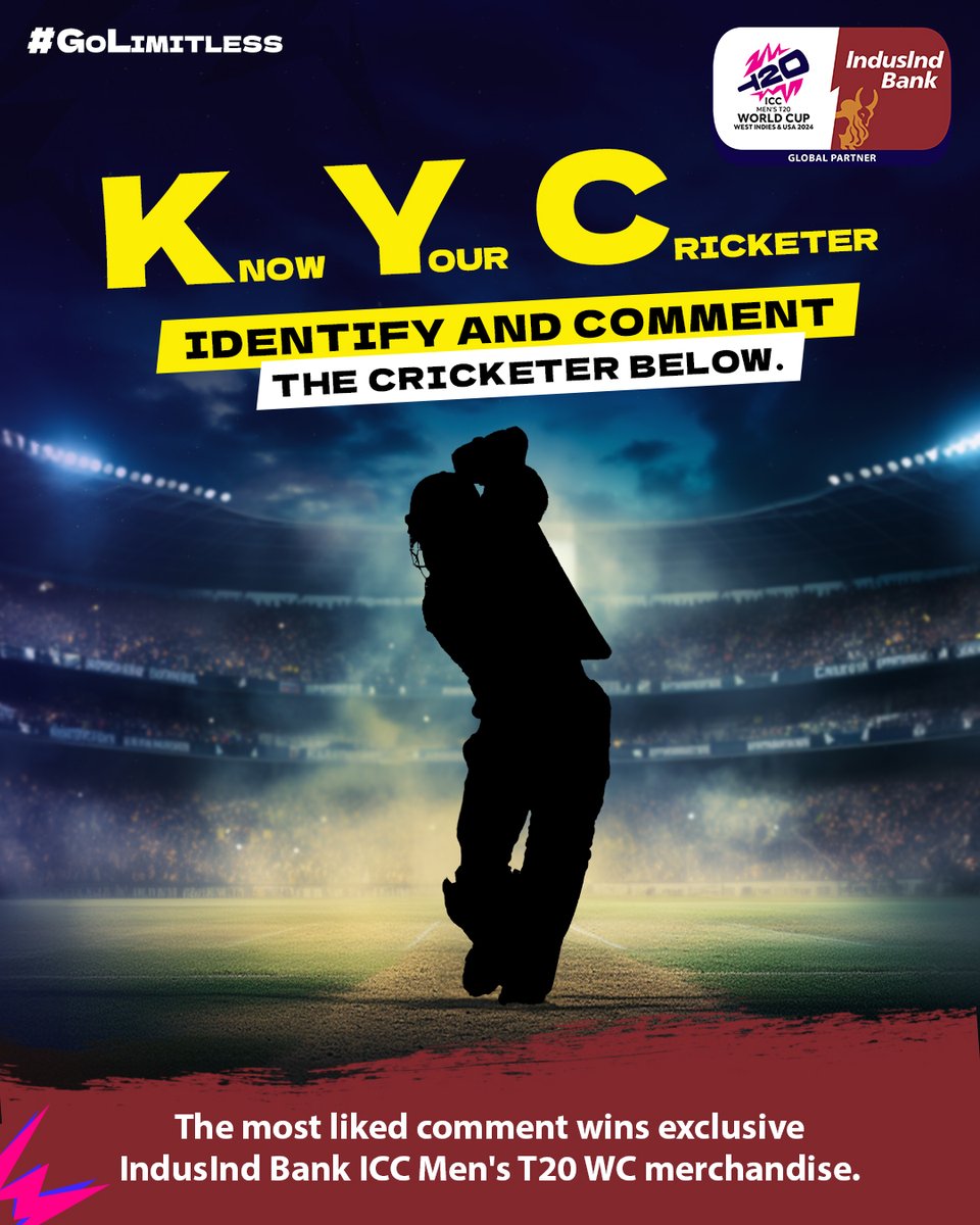 MyIndusIndBank's tweet photo. Guess the cricketer &amp; win an exclusive IndusInd Bank Men's #T20WorldCup merchandise!
How to win?
1. Tag &amp; follow IndusInd Bank
2. The 3 correct answers with the maximum likes win.

Contest Ends: 9 June, 11:59 PM

TnC Apply: https://t.co/L6PexxgVQR

#GoLimitless #ContestAlert https://t.co/2y51lb2cIt