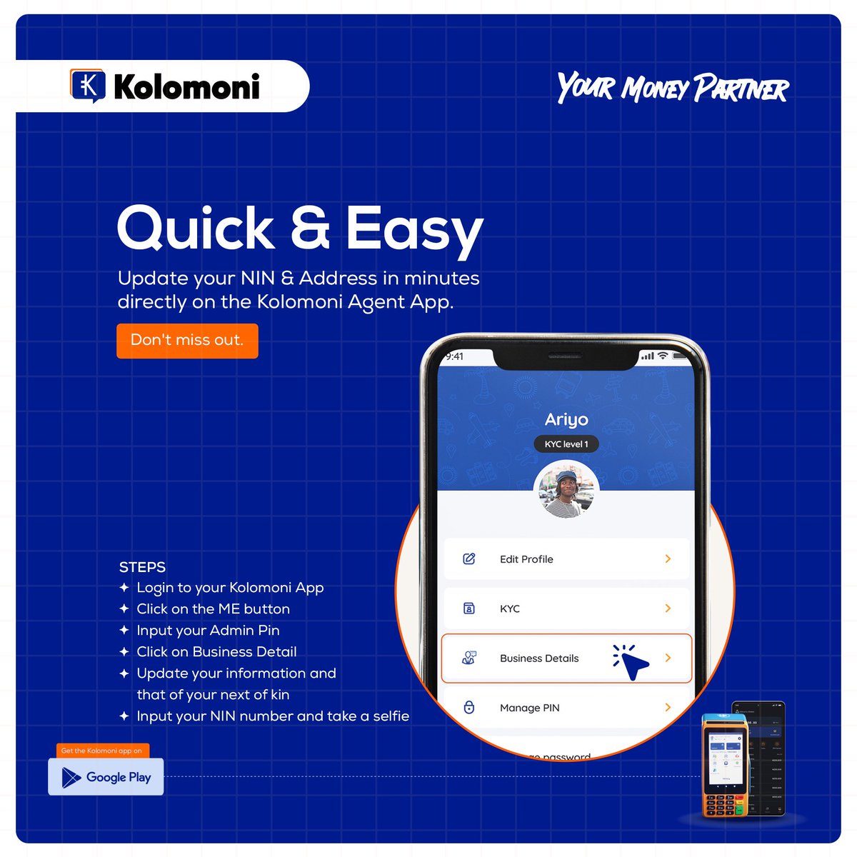 Kolomoni_ng's tweet photo. Important Update for Agents! 

Keeping your NIN and address updated ensures a smooth and secure experience. 

We got you! ➡️ Swipe for the super-easy update steps.

#KolomoniAgentWeySabi #NINUpdate #InsistOnKolomoni https://t.co/GM7PD9s0B7