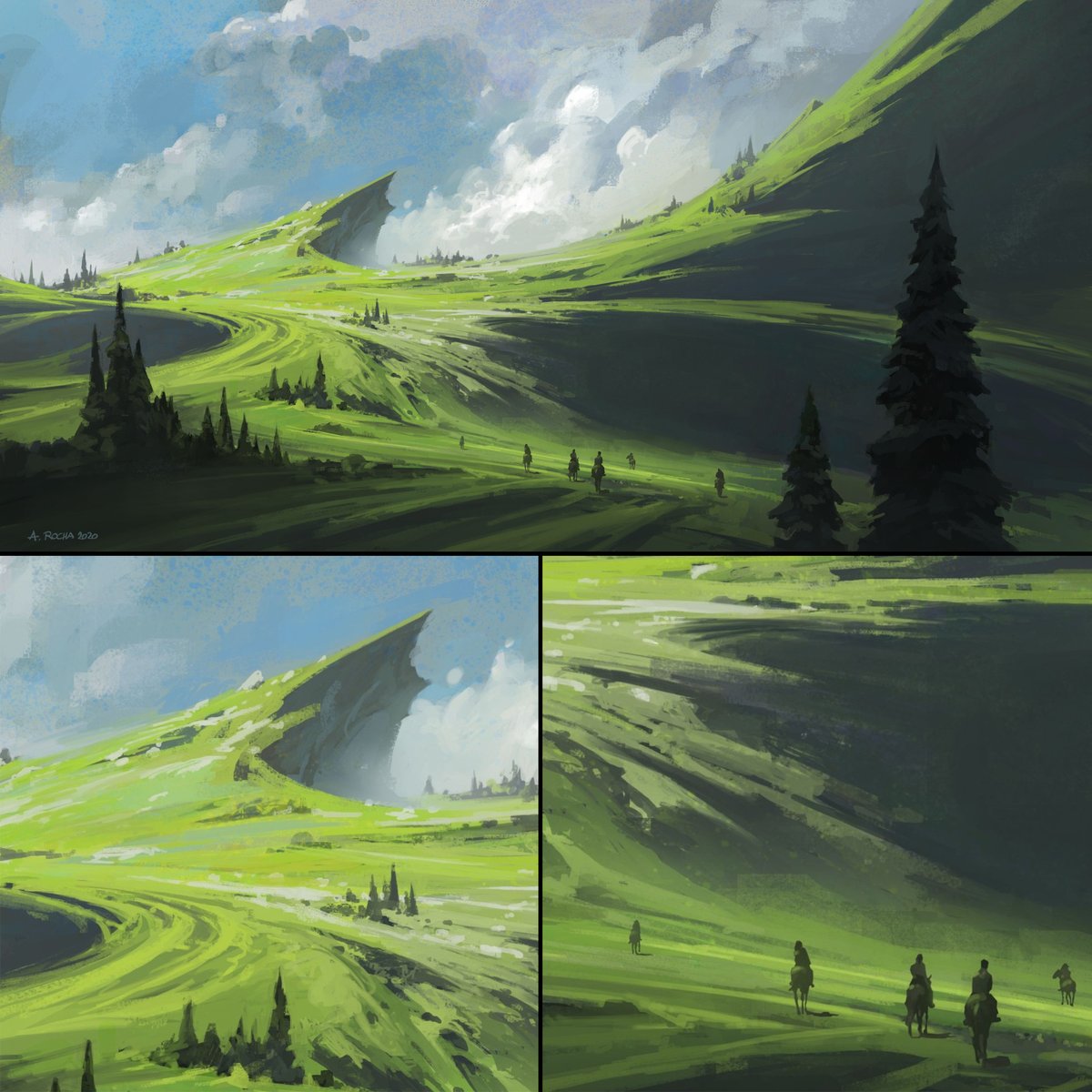 andreas_rocha's tweet photo. "The Swirling Fields" #noai #conceptart #digitalart #fantasyart I have posted this image many times. Testing whether this way of presenting my paintings (original on top with 2 detail shots below) makes the image more presentable... https://t.co/3ZQLpjznSK
