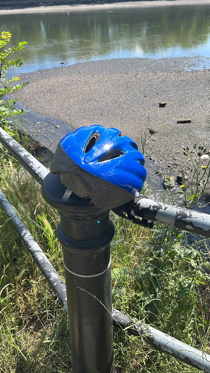 Small blue bike helmet found under bench by Beverley brook so now tied to railing by bridge for collection!