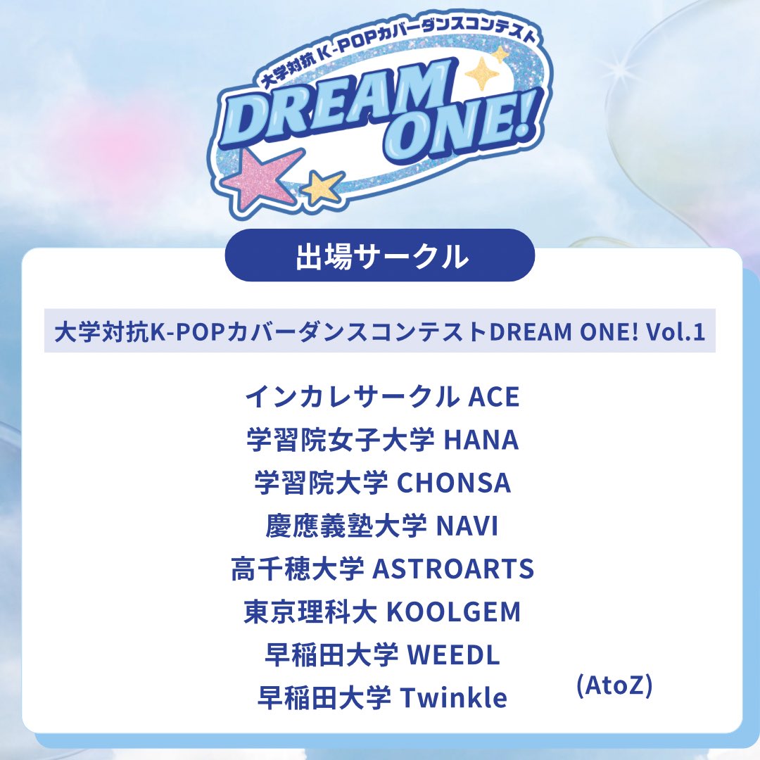 DreamOne_Kpop's tweet image. 📣DREAM ONE! Vol.1 出場サークル発表！

初の単独イベントとなるVol.1の
出場サークルは8サークルになります！！

優勝はどのサークルに！？
乞うご期待です✨✨

dream-on.jp/dream-one/

＃大学対抗 #kpopdance #kpopdancecover #dreamone