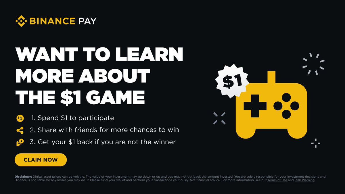 Have you joined in on #Binance Pay's $1 game? 

Simply complete a quiz, share it with friends, and get a voucher to redeem your prize!  

Find out more ➡️ binance.com/en/my/wallet/a…