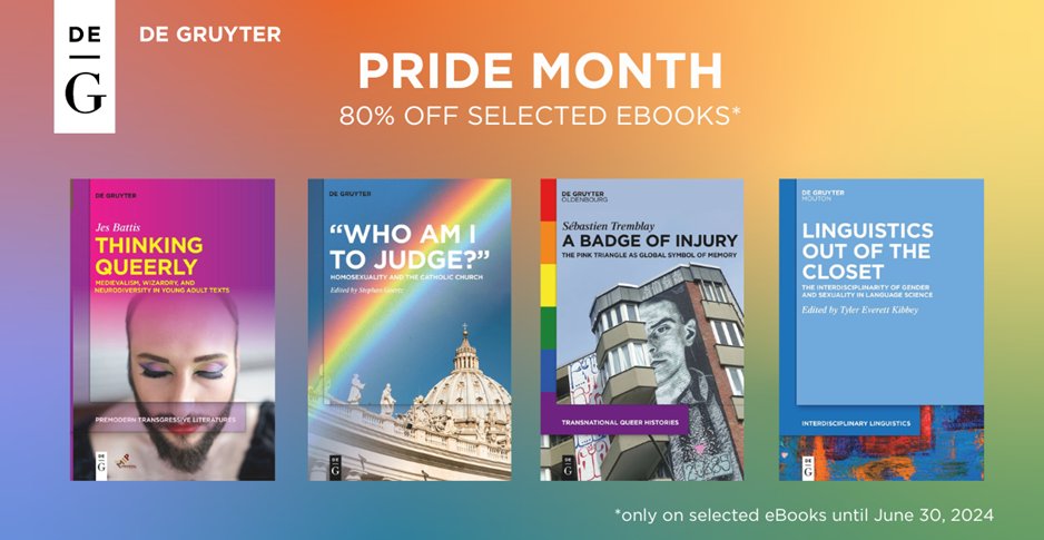 De Gruyter MOUTON ➡️ @dgb-linguistics.bsky.social (@dg_mouton) on Twitter photo Part of our #Pride Month 2024 Collection, “Linguistics Out of the Closet” reconsiders the placement of the queer subject within and beyond the discipline – both as researcher and as researched.
80% off the eBook with code PRIDE24.
Browse the collection:
cloud.newsletter.degruyter.com/Top-10-Pride-2… Part of our #Pride Month 2024 Collection, “Linguistics Out of the Closet” reconsiders the placement of the queer subject within and beyond the discipline – both as researcher and as researched.
80% off the eBook with code PRIDE24.
Browse the collection:
cloud.newsletter.degruyter.com/Top-10-Pride-2…