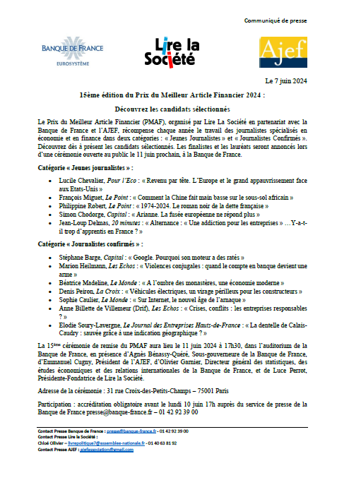 📣 [COMMUNIQUÉ DE PRESSE] Prix du Meilleur Article Financier : découvrez les 12 sélectionnés de l'édition 2024 ! 
#PMAF2024 
Les noms des finalistes et des deux lauréats seront annoncés officiellement lors de la cérémonie le 11 juin à la <a href="/banquedefrance/">Banque de France</a> 
⤵️