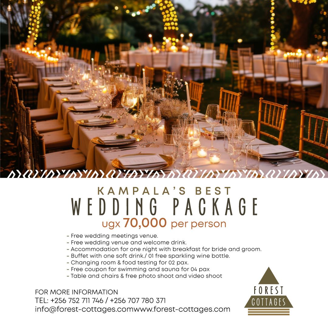 Say 'I Do' in the perfect venue! 💒✨ Our all-inclusive wedding package offers unbeatable value at only UGX 70,000 per person. Book now and make your special day unforgettable!
 Visit forest-cottages.com or contact us on +256 752 711 746/ +256 707 780 371