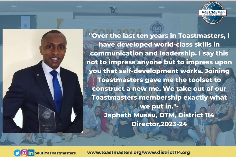 SautiyaTM's tweet photo. Find out what makes DD, Japheth Musau,DTM an unwavering ambassador of the transformative power of Toastmster’s membership,including his latest update: https://t.co/nY2oAEw5rB

Link to the article:
https://t.co/kzz8q9EExq

Enjoy the read!

#Communicate#Connect#Collaborate https://t.co/W78yZe6Inz