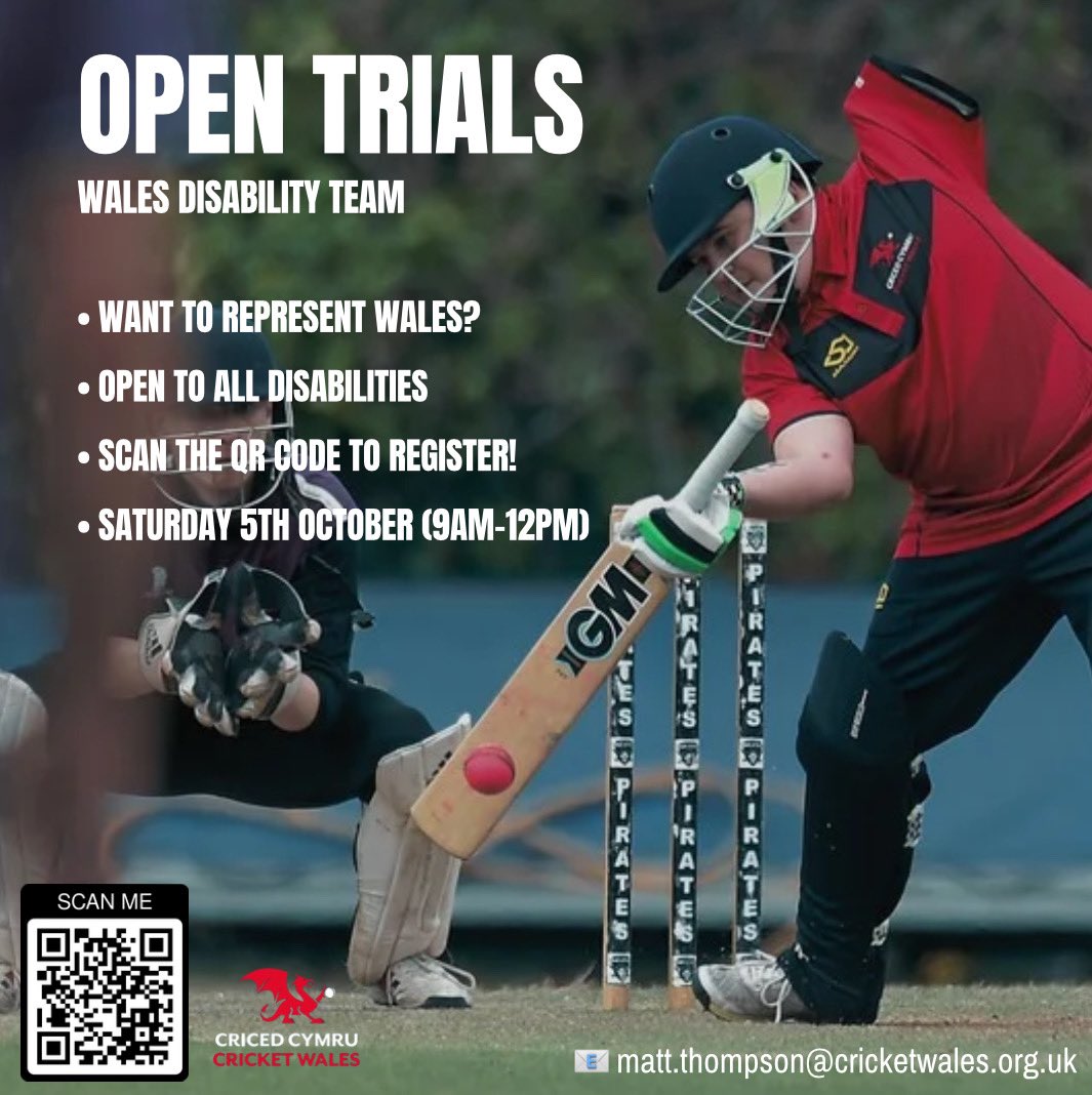 🆕 Don’t forget our Disability Open Trials scheme is LIVE!

🏏 Want to play competitive cricket and represent Wales?

🏴󠁧󠁢󠁷󠁬󠁳󠁿 Scan the QR Code or fill out this form to register interest: forms.gle/h8N2fVuY5SKrig…

☑️ Open to ALL disabilities!

➡️ Full article
cricketwales.org.uk/news/disabilit…