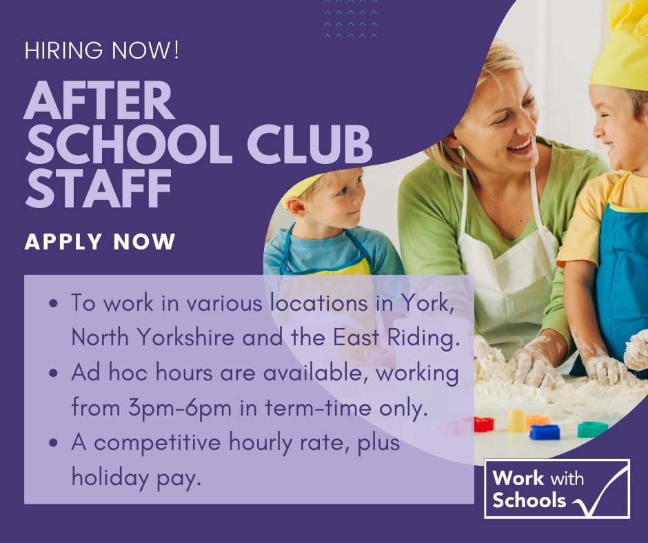 WorkwithSchools's tweet photo. AFTER SCHOOL CLUB STAFF WANTED!
If you're interested in this role please visit https://t.co/xIO9s6dlUR or call the team on 01904 554195.
#vacancy #supplyteaching #AfterSchool https://t.co/bFjAAVinja
