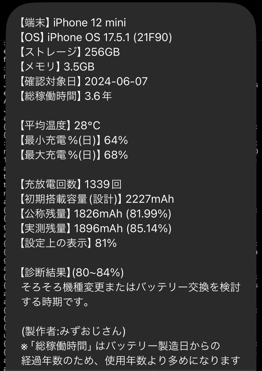 【iPhone健康診断】

みずおじさんが「バッテリーチェッカー6.0」をリリースしたので、さっそく使ってみた。
iPhoneXは、充放電回数1932回、実測残量68.52%
iPhone12miniは、充放電回数1339回、実測残量85.14%
比較的良い状態のようだ。

ありがとう、みずおじさん！

＃iPhone健康診断