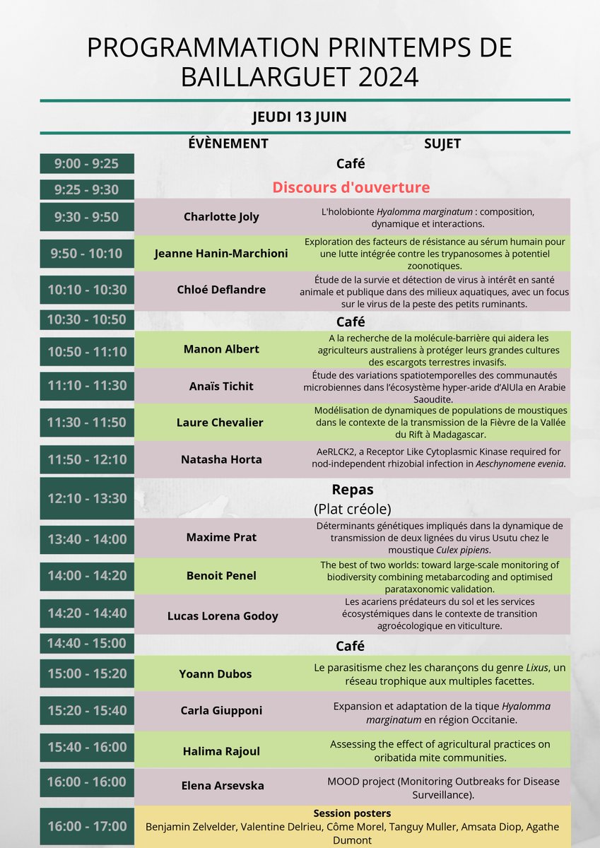 PBaillarguet's tweet photo. Celui que vous attendiez tous !

Le programme du printemps est enfin disponible 🌺

On vous attend nombreux les 13 et 14 juin prochain dans la salle de réunion du CBGP !

#congress #spring #Baillarguet #Sciences https://t.co/VzTOakXbRl