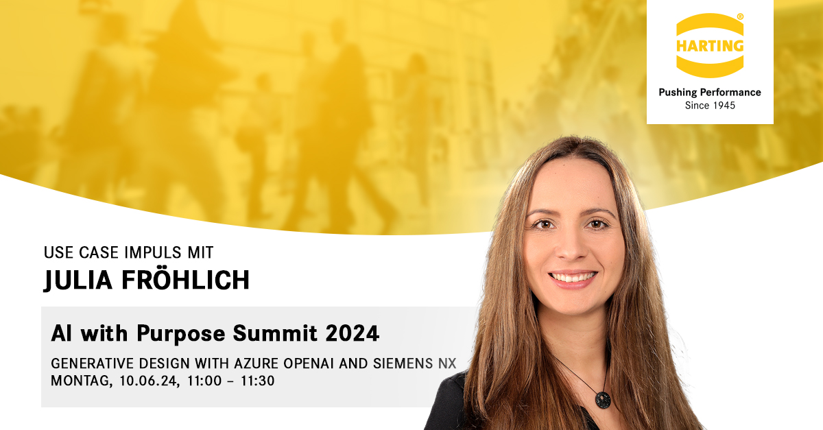 HARTING_Group's tweet image. 📢 AI with Purpose Summit 2024 - 10. und 11. Juni, München

Julia Fröhlich, Director HARTING Innovation Hub Osnabrück, zeigt, wie Künstliche Intelligenz applikatonsorientierte Entwicklungen bei industriellen Produkten revolutionieren kann. 💡

#GenerativeAI #GenerativeDesign