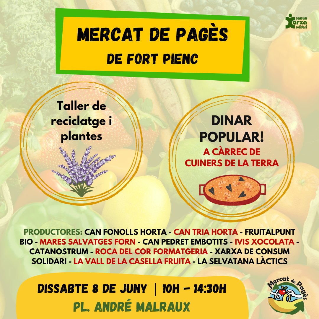 MercatDePages's tweet photo. 🌿🥦🙌Dissabte i diumenge us esperem a Mercat de Pagès. Ens trobareu:

Dissabte 8/06 de 10h a 14:30h
📌Fort Pienc

#Alimentsdeproximitat #XarxadeConsumSolidari https://t.co/4AzwKDxOJL
