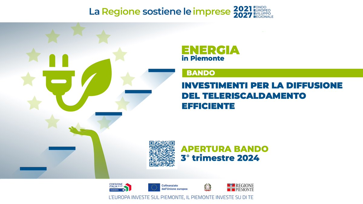 regionepiemonte's tweet photo. 🌳 Pre-informazione Fondi UE -Bando Investimenti per la diffusione del #teleriscaldamento efficiente - Fondo di co-finanziamento #FESR
👥 Rivolto alle Piccole, Medie e Grandi Imprese
📅 Data presunta apertura del bando: 3° trimestre 2024
https://t.co/giVE052aHP @finpiemonte https://t.co/1xqzXfmqPL