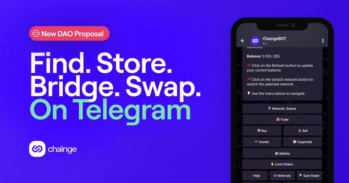 FinanceChainge's tweet photo. ⚡️ A new proposal is live on the Chainge DAO snapshot platform: The Chainge Telegram Trading Bot

🗳 4 days to cast your votes using vXCHNG

🔗 Proposal link: https://t.co/eWPhmYmjBi

🗨 Join the discussion: https://t.co/QguNheTtDZ