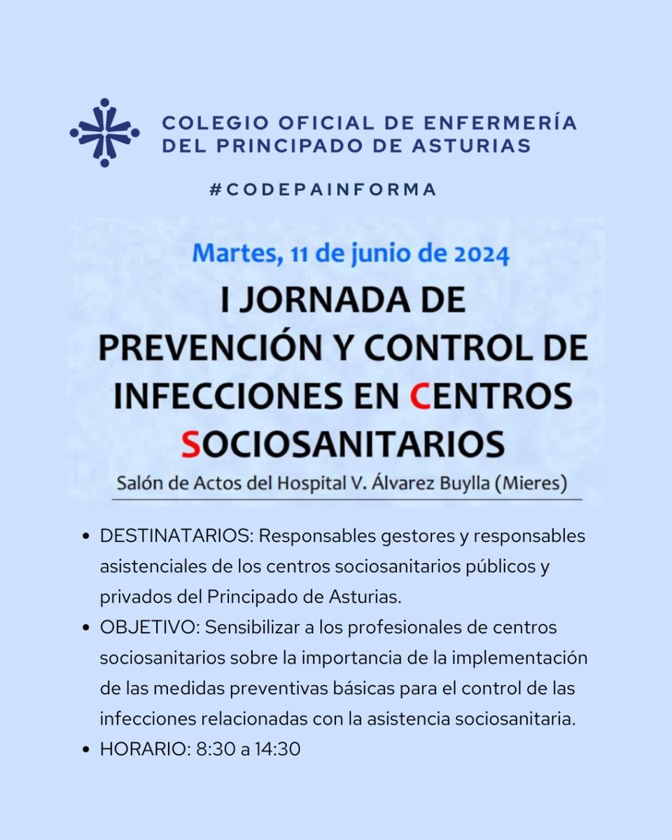 CODEPAsturias's tweet photo. #codepainforma I JORNADA DE PREVENCIÓN Y CONTROL DE INFECCIONES EN CENTROS SOCIOSANITARIOS.
👉🏼 HORARIO: 8:30 a 14:30
👉🏼 LUGAR: Salón de Actos del Hospital V. Álvarez Buylla (Mieres)
Inscripciones: https://t.co/X4URk2b6Mf https://t.co/OHbEdd564l