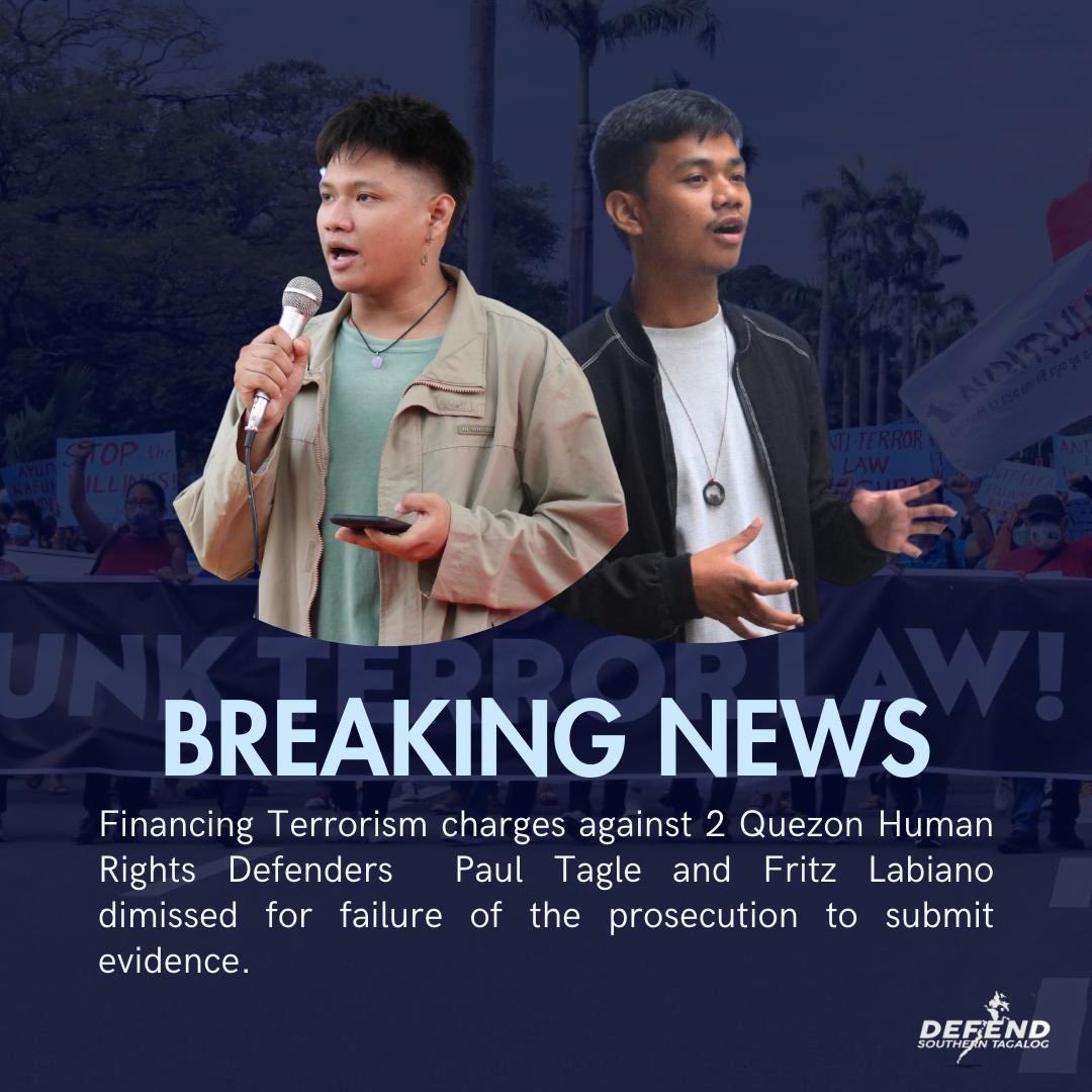 BREAKING NEWS: Defend ST through the legal counsel of Paul Tagle and Fritz Labiano has received the court order dismissing the trumped-up Financing Terrorism charges against the two Youth Human Rights Defenders.

#JunkTerrorLaw
#HandsOffFritzLabiano
#HandsOffPaulTagle
#DefendST