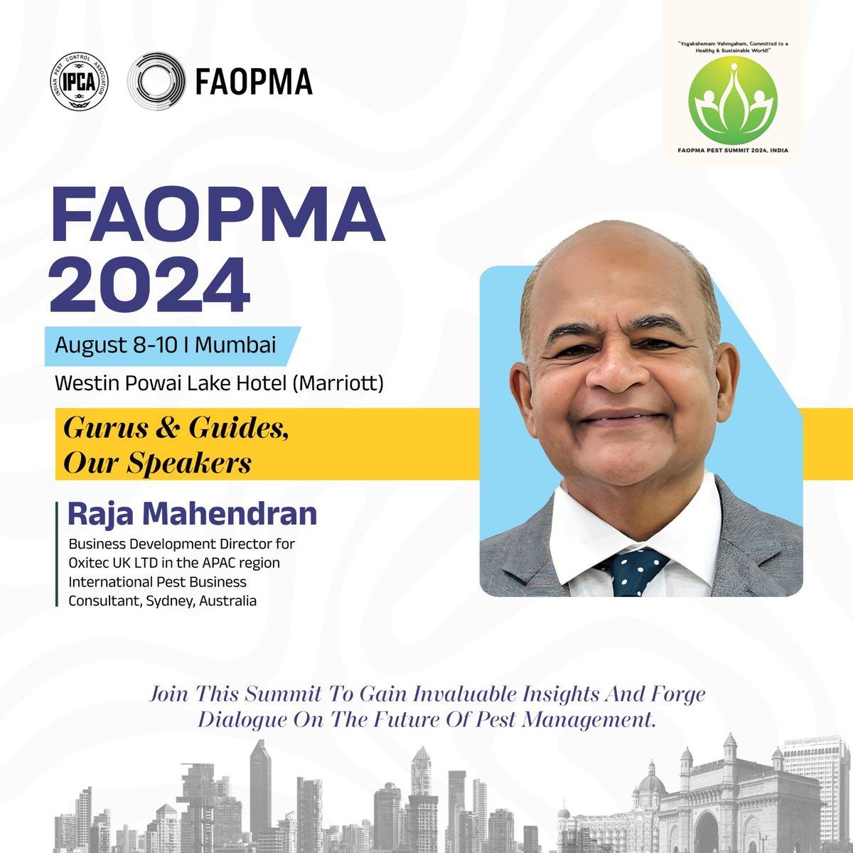 FPS2024's tweet photo. Join us at FAOPMA 2024 to hear from Raja Mahendran, an esteemed international pest business consultant from Sydney, Australia.
#FAOPMA #fps2024 #pestsummit #india #mumbaicity #Leadership https://t.co/Um3xPrifoK