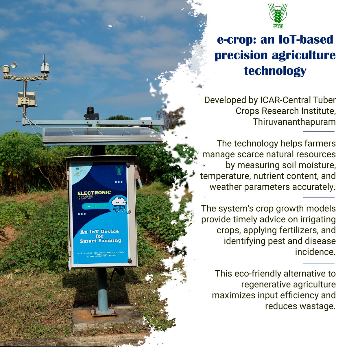 icarindia's tweet photo. e-Crop an #IoT-based #precision #Agriculture #Technology #ICAR  #impactfultechnology
@PMOIndia @mygovindia @PIB_India @AgriGoI
@Dept_of_AHD https://t.co/5k3vbwwXCM