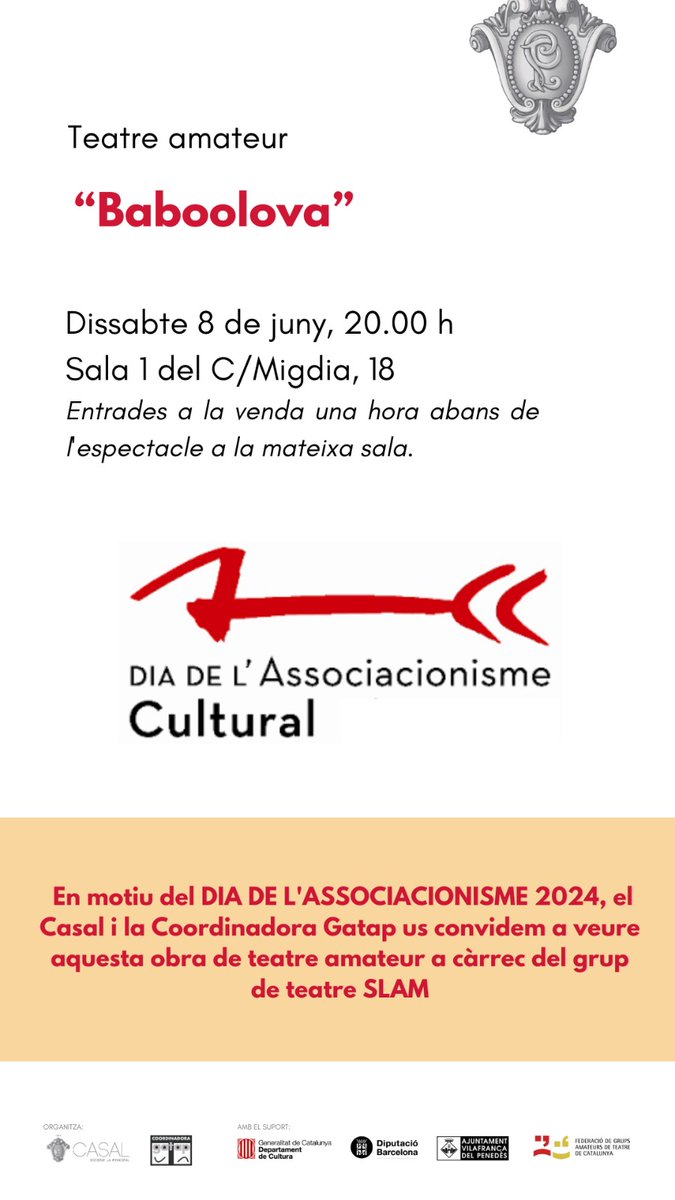 casalvilafranca's tweet photo. Això és demà! :) #dasc2024
@C_GATAP
@CulturaDIBA
@teatreamateurca
@VilafrancaAj https://t.co/pZGYjpgSA8