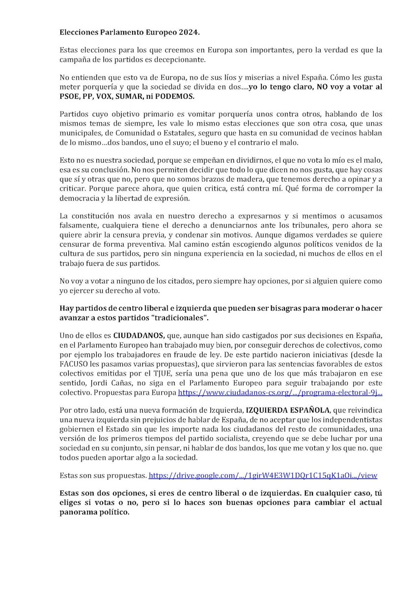luisdeleito's tweet photo. Elecciones Parlamento Europeo 2024.
Estas elecciones para los que creemos en Europa son importantes, pero la verdad es que la campaña de los partidos es decepcionante.
No entienden que esto va de Europa, no de sus líos y miserias a nivel España. Cómo les gusta meter porquería y https://t.co/JSuY4yz4Fc