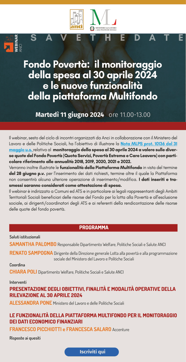 AnciLiguria's tweet photo. 💻Fondo #Povertà: il monitoraggio della spesa al 30 aprile 2024 e le nuove funzionalità della piattaforma #Multifondo
webinar a cura di @comuni_anci e @MinLavoro, per Comuni e Ats
🗓martedì 11 giugno
🕚ore 11-13
Per iscriversi
✍️https://t.co/sPHEj9mlRU https://t.co/x86dzs4vQp