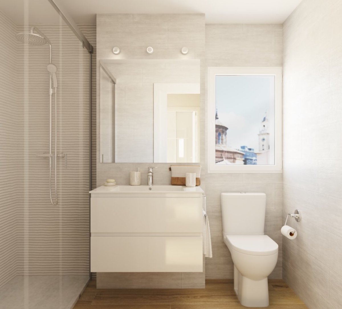 BaboonLab's tweet photo. ¿Cómo conseguir una estancia agradable en un espacio pequeño? -> #BaboonLab!

#Render de #baño.
#Pavimento cerámico #TanzaniaAlmond de @Porcelanosa_es.
#Alicatado #NewportWhite + #OldWhite en la pared de la #ducha.
#Inodoro @JACOBDELAFON Odeon Up.

#ArchViz #RealEstate #BIM #VR https://t.co/51SkLVXlfP