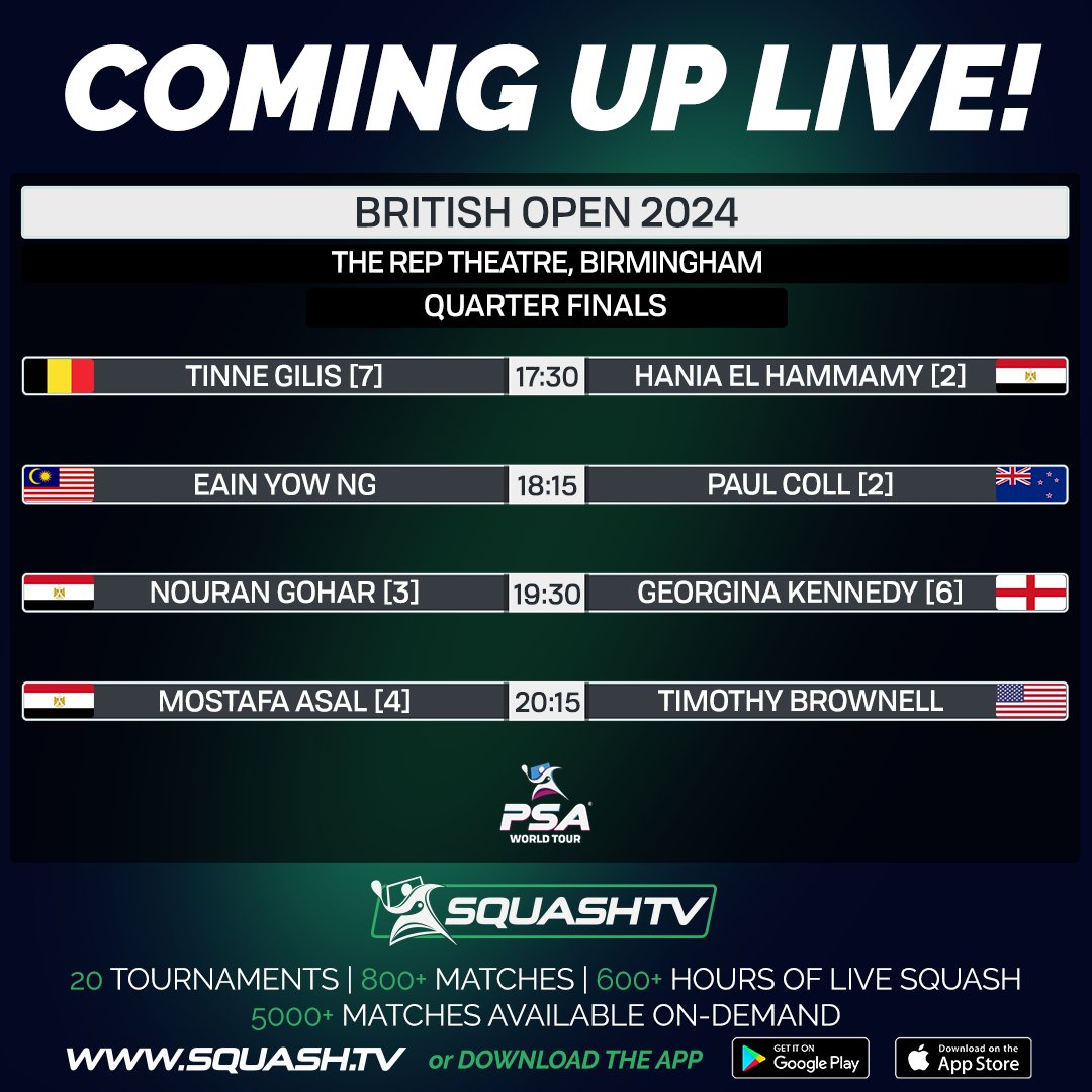 The last 4⃣ quarter finals coming up this evening 🔥 Watch all the action live on @SquashTV from 17:30 (GMT+1) 📺 More here 👉 bit.ly/3XfbVOU #BritOpen24 #WhereLegendsAreMade