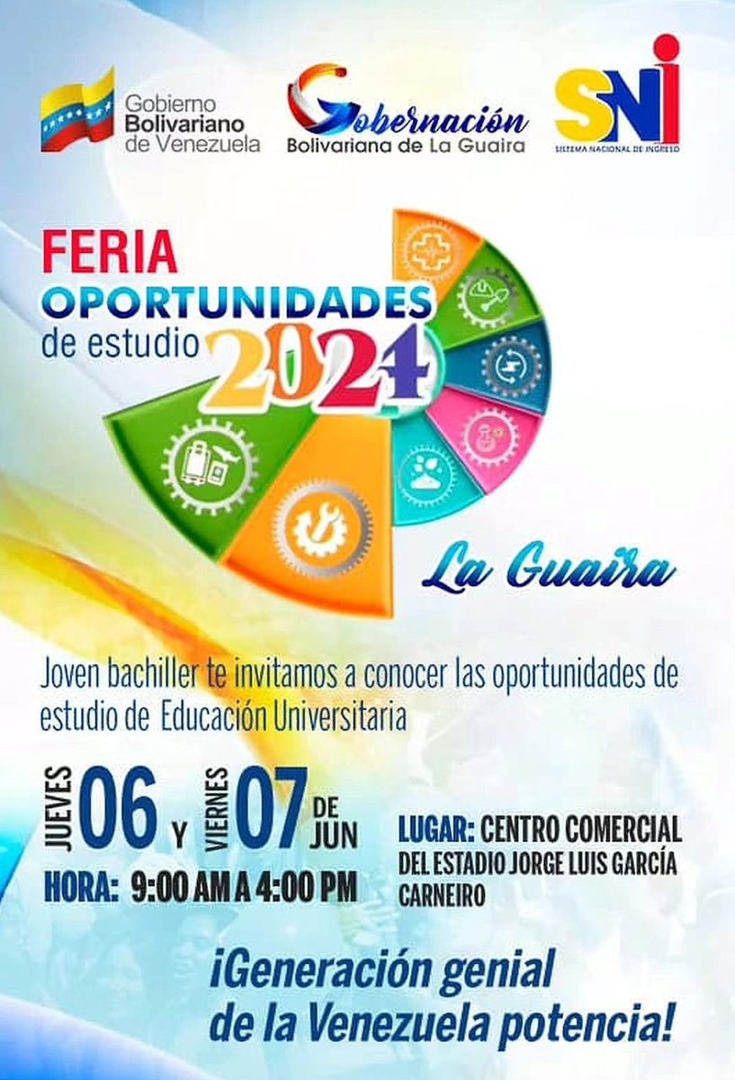 Gabrielasjr's tweet photo. Hoy continúa la Feria de Oportunidades de Estudio SNI en el estado La Guaira.

Joven ven a conocer las ofertas académicas que puedes escoger para desarrollar tu vida profesional. 

Generación Genial para la Venezuela Potencia.

REGÍSTRATE 📲 https://t.co/CthuFAGhh7 https://t.co/W3gBvCfLIh