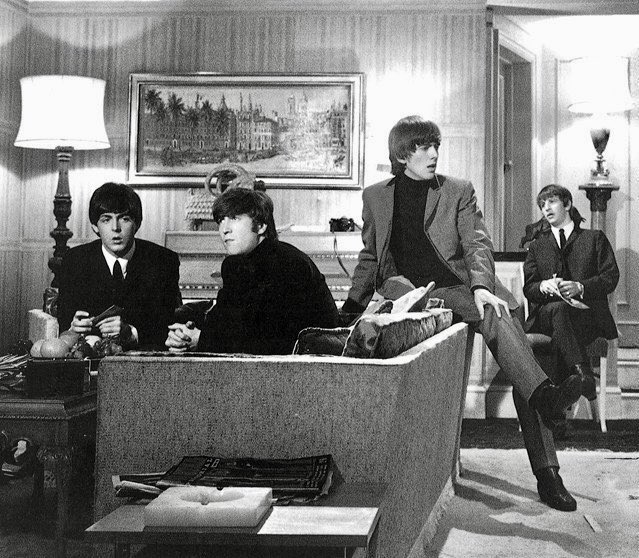 BooksBeatles's tweet photo. I love this picture of The Beatles filming the ‘fan mail’ scene from ‘A Hard Day’s Night’ - it’s clearly natural but it also looks like they’re sitting for a painting https://t.co/Tq1UGtnsLt