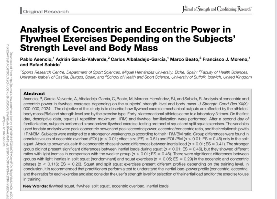 Excited to share this paper about how flywheel exercise mechanical outputs are affected by the athlete’s body mass and strength level by the exercise type in <a href="/JSCRonline/">Journal of Strength and Conditioning Research</a> 

<a href="/GarciaValverdeA/">Adrián García-Valverde</a> #AlbaladejoGarcía <a href="/MarcoBeato1/">Dr Marco Beato</a> @FrancisMorenoH <a href="/sabidorafa/">Rafael Sabido Solana</a> 

doi.org/10.1519/JSC.00…