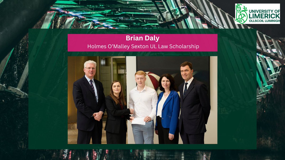 ULSchoolofLaw's tweet photo. Holmes O’Malley Sexton UL Law Scholarship

Congratulations to Brian Daly (4th year Law &amp; Accounting) on winning the Holmes O'Malley Sexton Law Scholarship for the second time! Pictured: Donal Creaton, Anna Owens, Brian Daly, Prof Lucy-Ann Buckley &amp; Harry Fehily (Managing Partner) https://t.co/hZwDfBMEeU