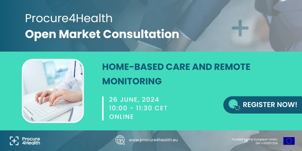 🆕 Exciting update! The #Procure4Health Open Market Consultation on “Home-based care and remote monitoring” event will be held on June 26th, and we look forward to engaging in fruitful exchanges!
📝 Sign-up here: bit.ly/4auIU5c
ℹ More info: procure4health.eu/omc-home-based…